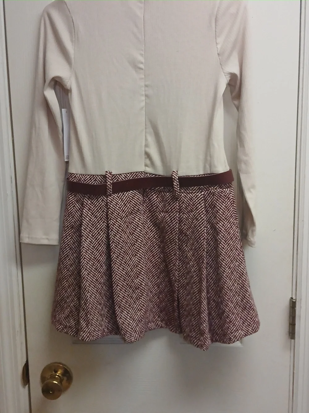Tahari Girl Mixed Media Dress Size 10 Ribbed Long Sleeve Herringbone Skirt Belt